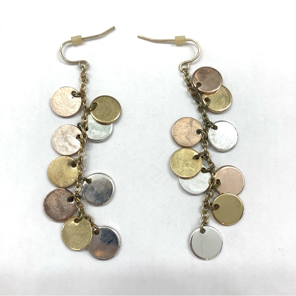 LIKE NEW MANGO Tri-Tone Disc Dangle Earrings Gold Silver Rose Cascading Chain
